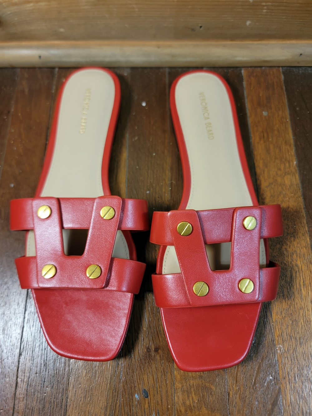 Red Women's Slide Sandals with Gold Studs -
